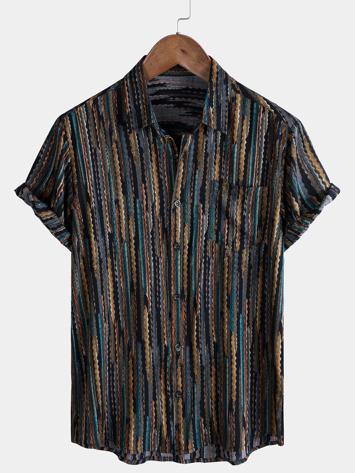 Camisa de manga corta con botones navideños vintage a rayas para hombre