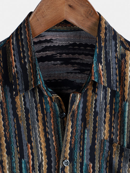 Camisa de manga corta con botones navideños vintage a rayas para hombre