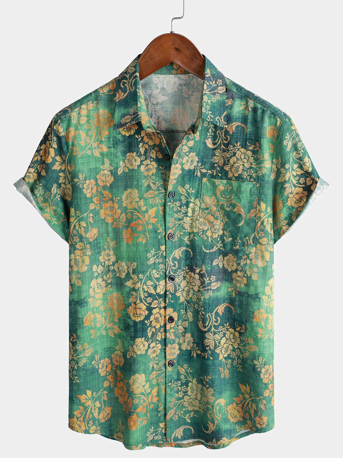 Camisa de manga corta con bolsillo y estampado floral verde para hombre