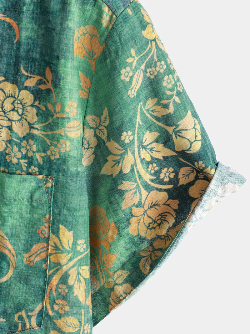 Camisa de manga corta con bolsillo y estampado floral verde para hombre