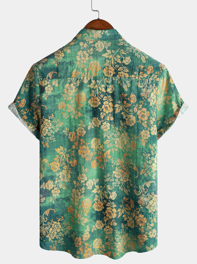 Camisa de manga corta con bolsillo y estampado floral verde para hombre