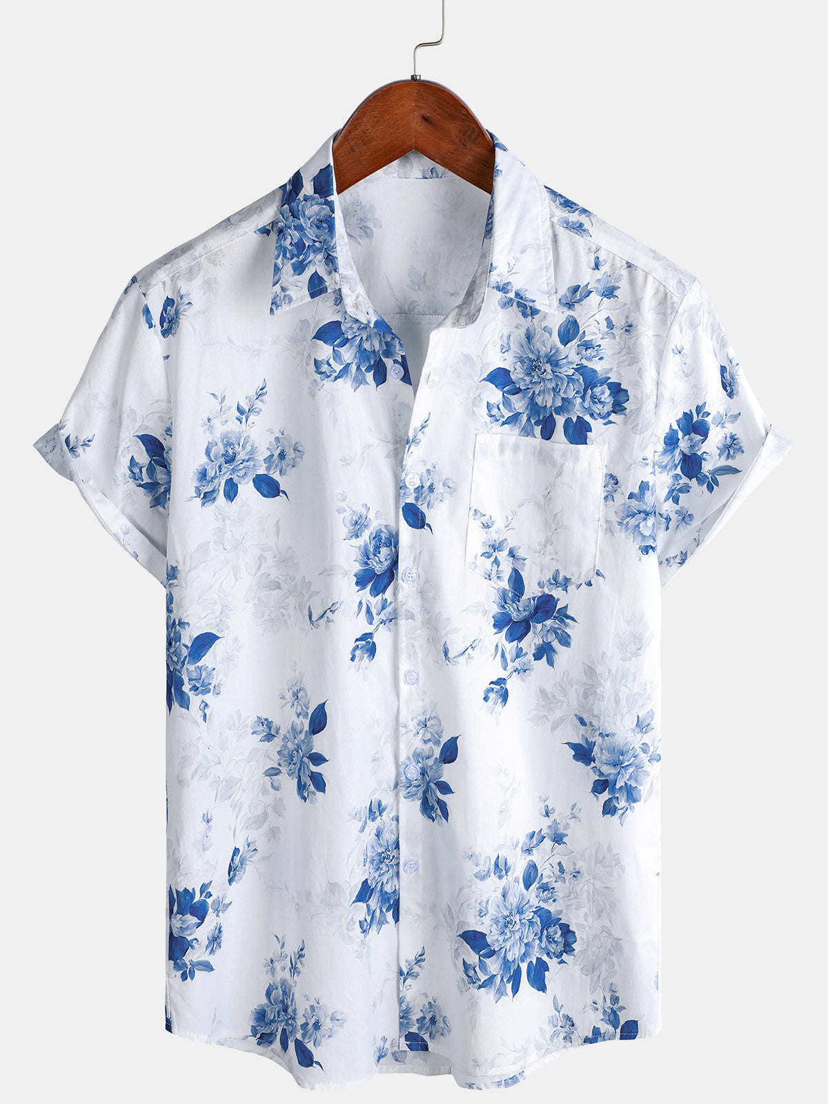 Camisa hawaiana de manga corta con estampado floral azul festivo para hombre