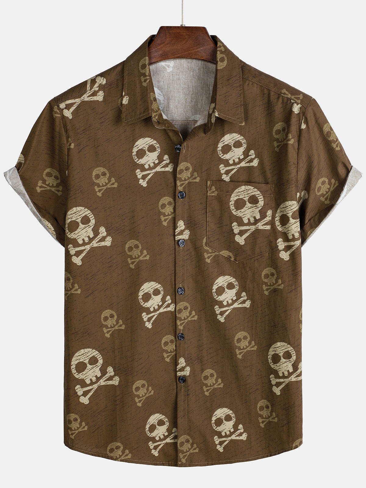 Camisa hawaiana de manga corta con calavera marrón para hombre