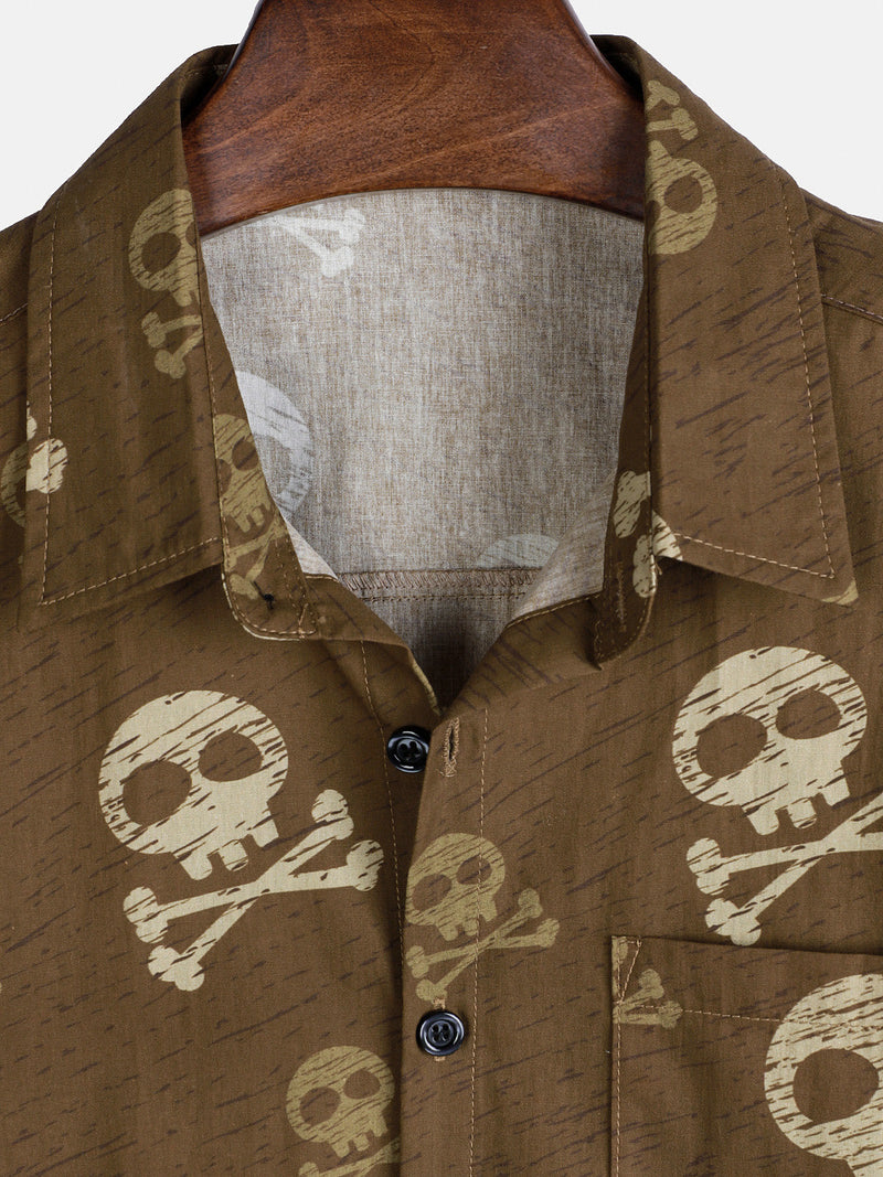 Camisa hawaiana de manga corta con calavera marrón para hombre