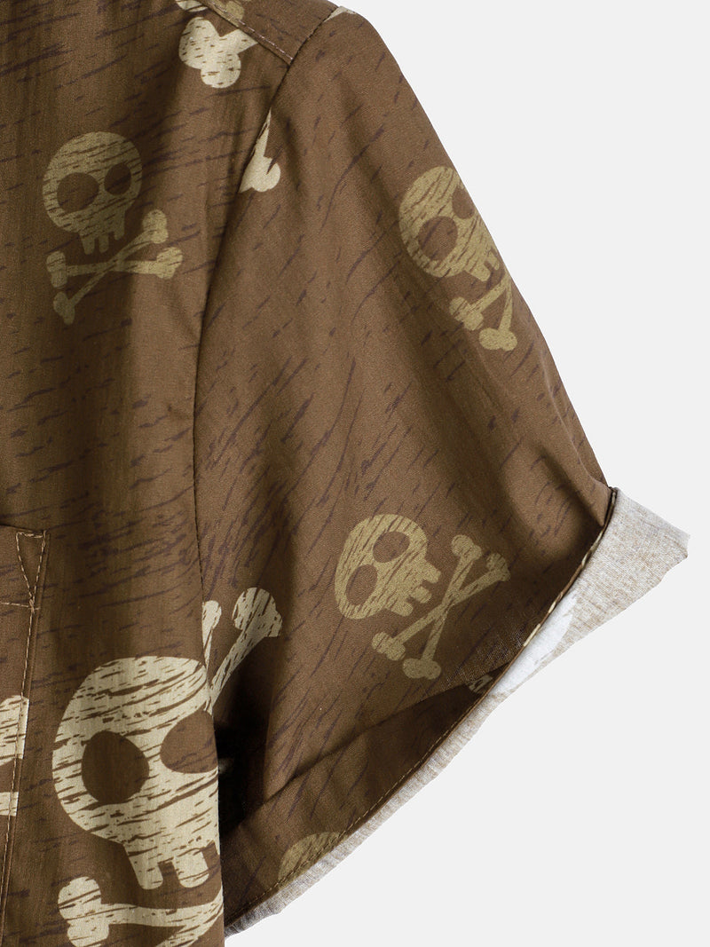 Camisa hawaiana de manga corta con calavera marrón para hombre
