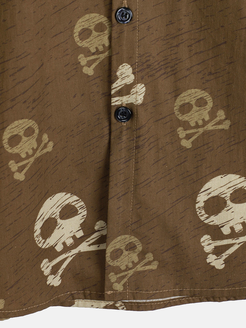 Camisa hawaiana de manga corta con calavera marrón para hombre