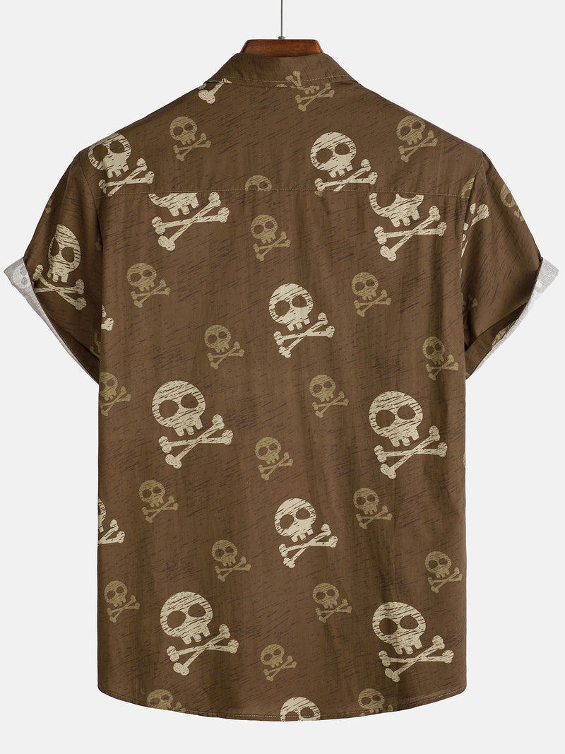 Camisa hawaiana de manga corta con calavera marrón para hombre