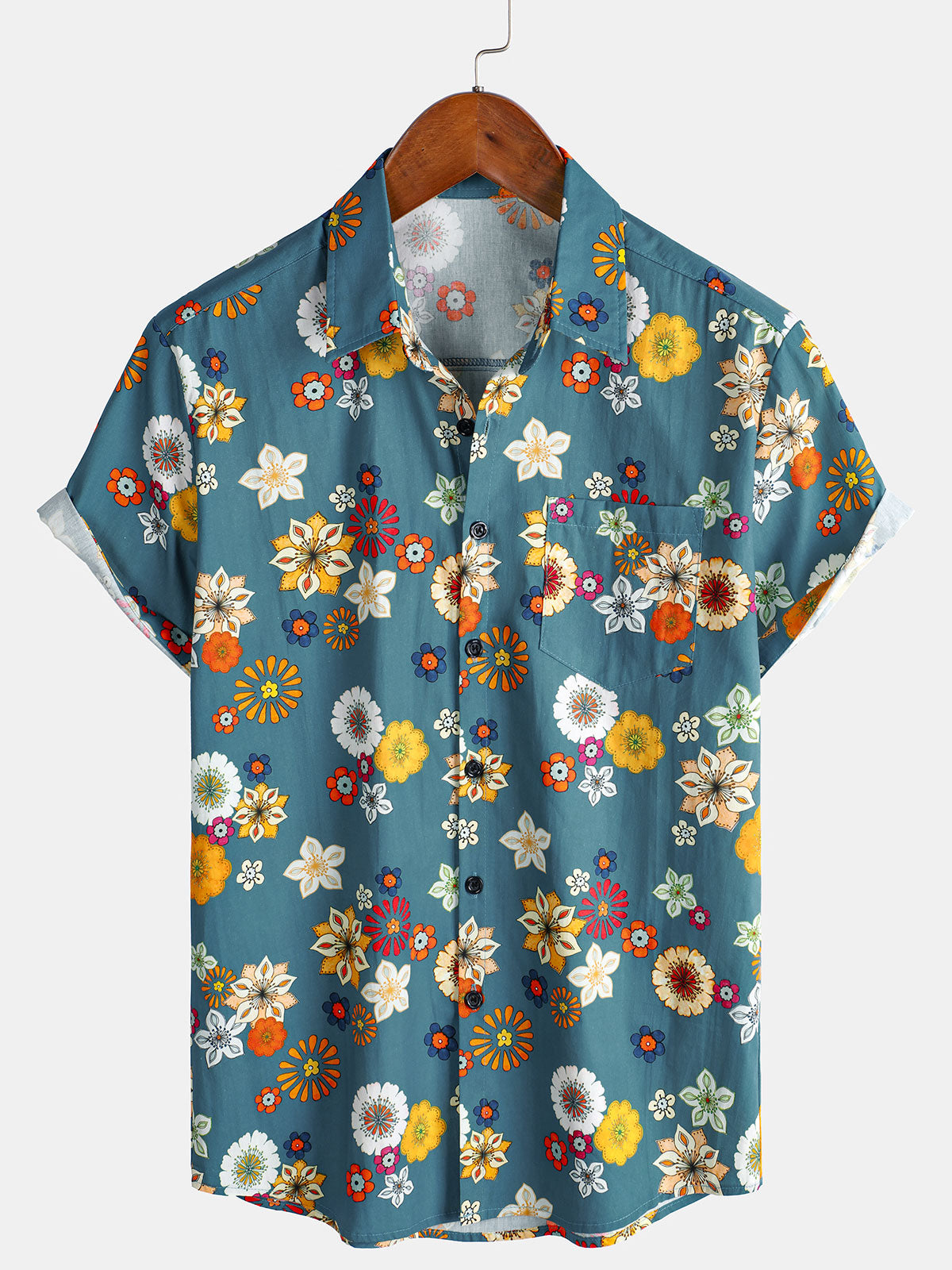 Camisa hawaiana de manga corta con estampado floral de algodón para hombre