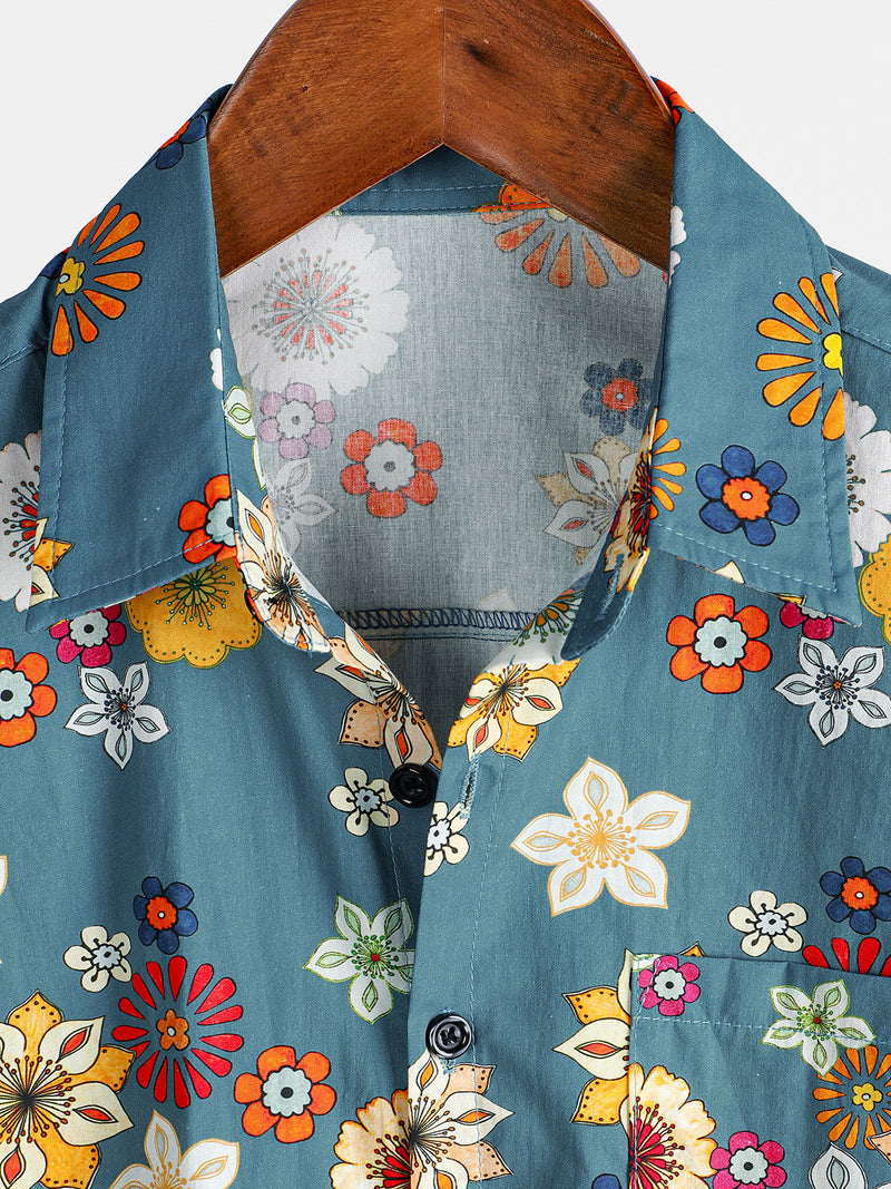 Camisa hawaiana de manga corta con estampado floral de algodón para hombre
