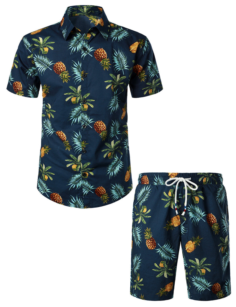 Conjunto de camisa hawaiana y pantalones cortos de algodón con estampado de limón para hombres