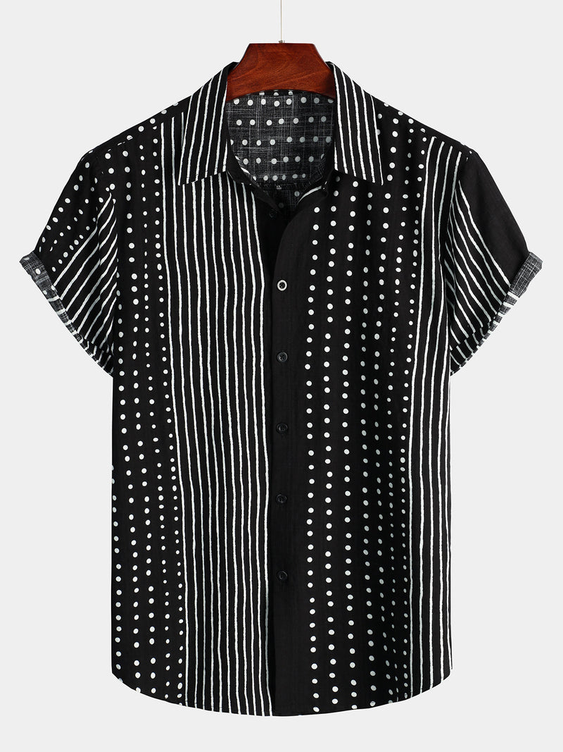 Camisa de hombre retro de manga corta a rayas negras y con lunares con botones