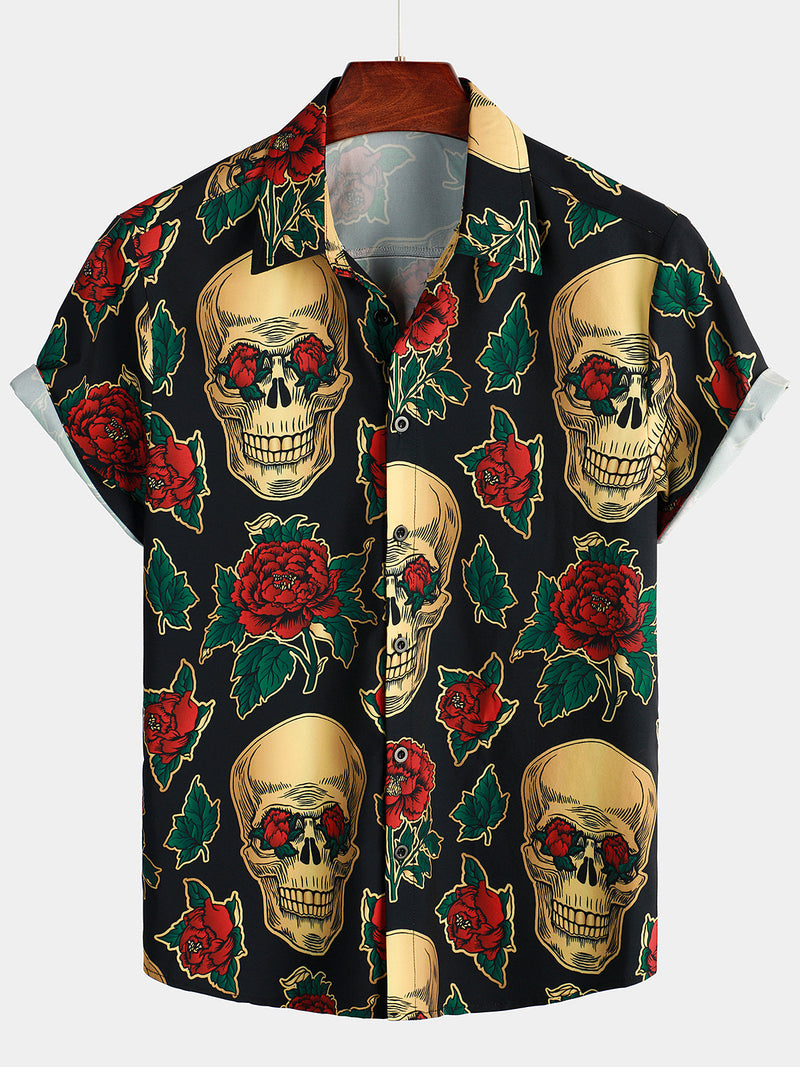 Camisa de hombre de manga corta con estampado de calaveras y rosas divertido