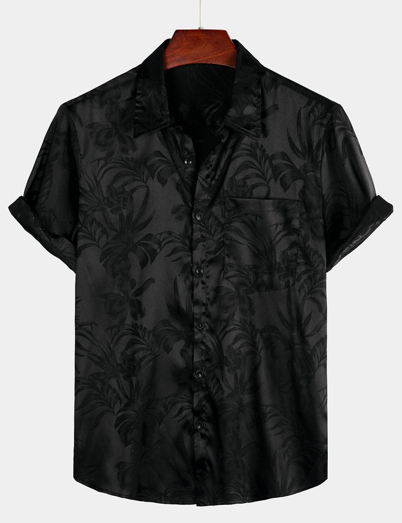 Camisa de manga corta con estampado floral y jacquard para hombre con bolsillo playero