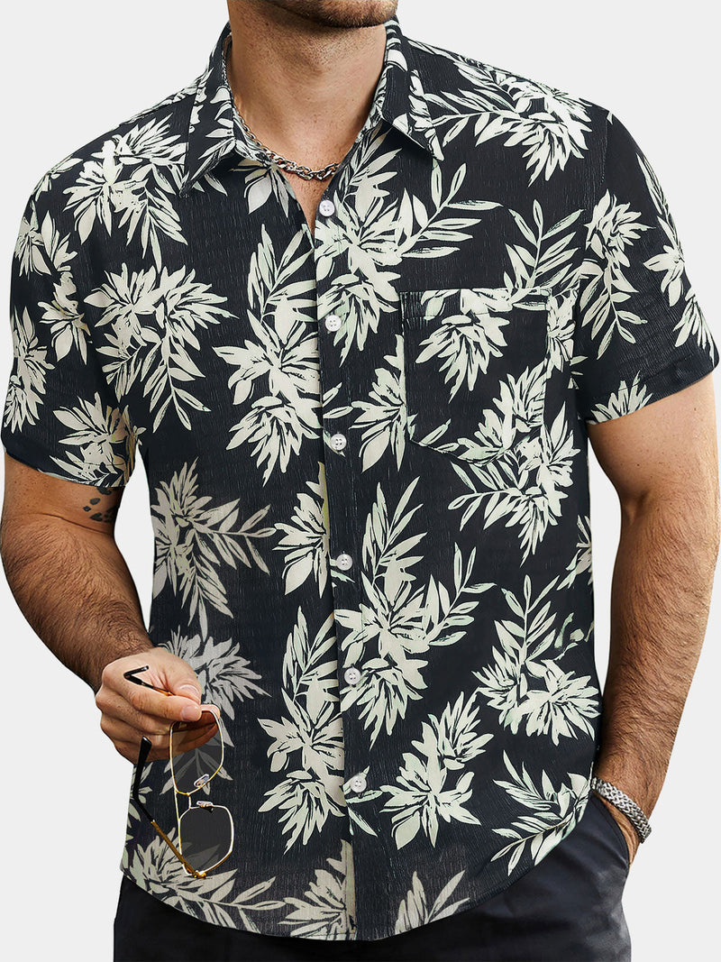 Camisa hawaiana de manga corta con estampado de hojas de verano para hombre
