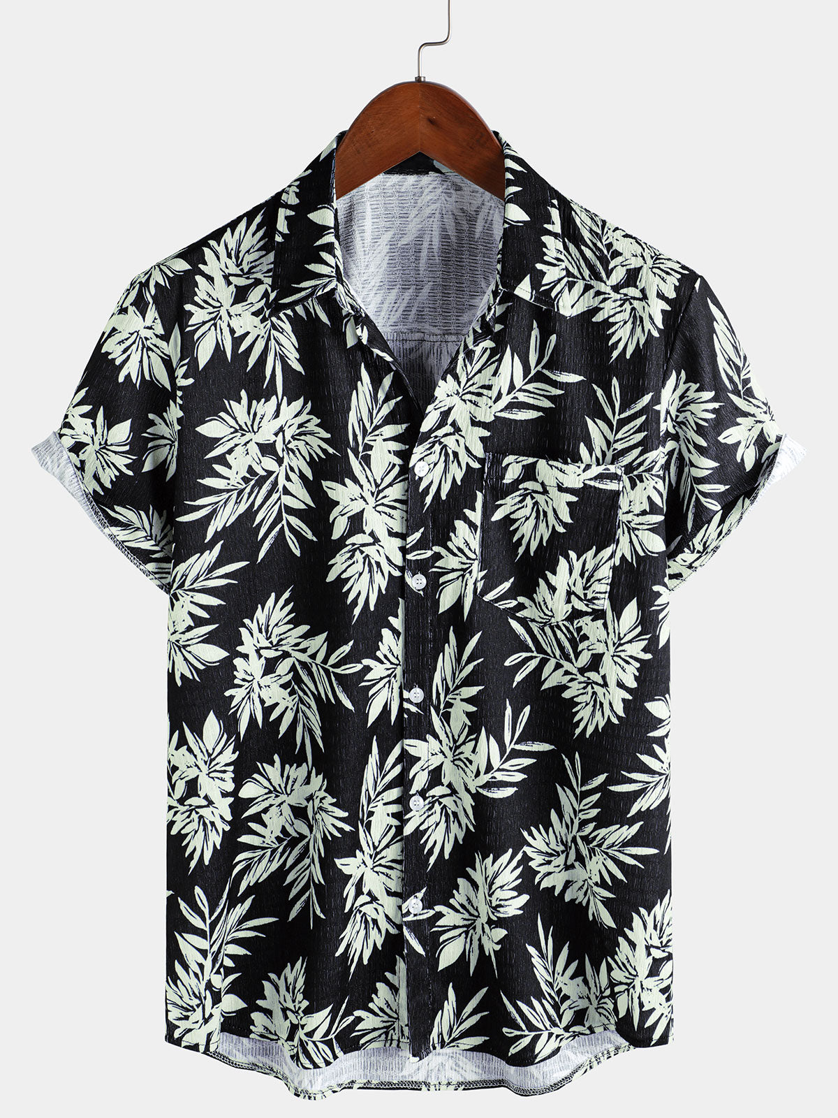Camisa hawaiana de manga corta con estampado de hojas de verano para hombre
