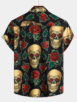 Camisa de hombre de manga corta con estampado de calaveras y rosas divertido