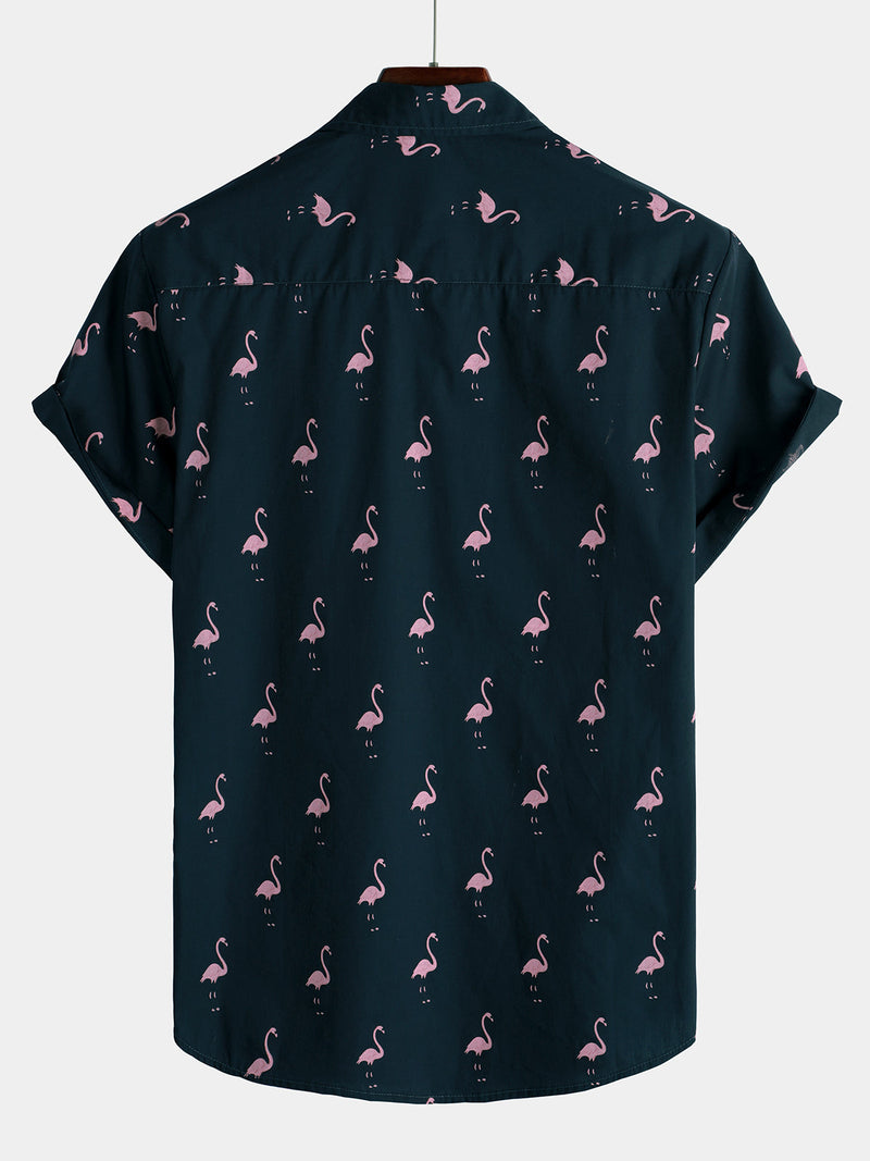 Camisa hawaiana casual de manga corta con estampado de flamencos tropicales y botones para hombre ideal para vacaciones