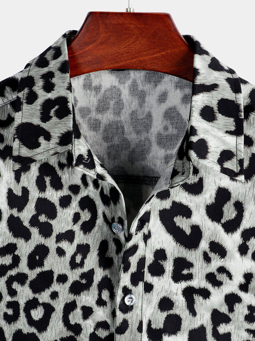 Camisa de manga corta casual de algodón para hombres con estampado de leopardo blanco y cheetah rock