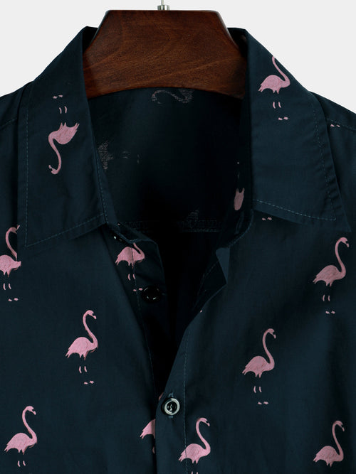 Camisa hawaiana casual de manga corta con estampado de flamencos tropicales y botones para hombre ideal para vacaciones