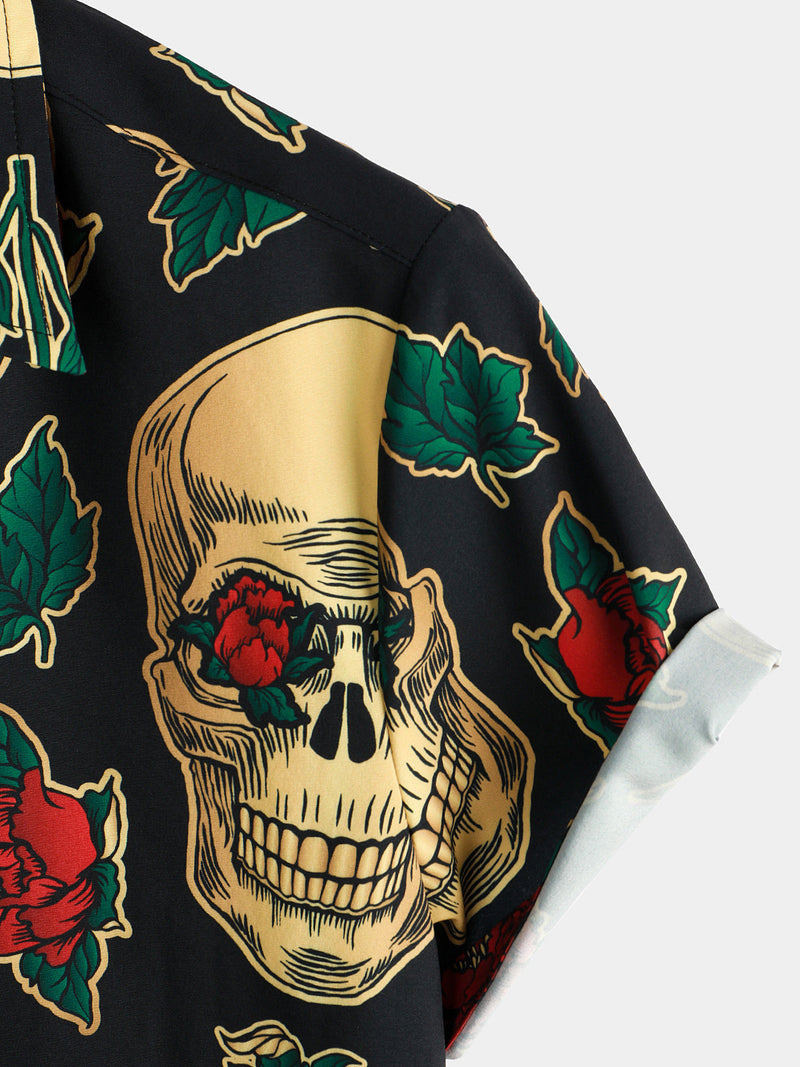 Camisa de hombre de manga corta con estampado de calaveras y rosas divertido