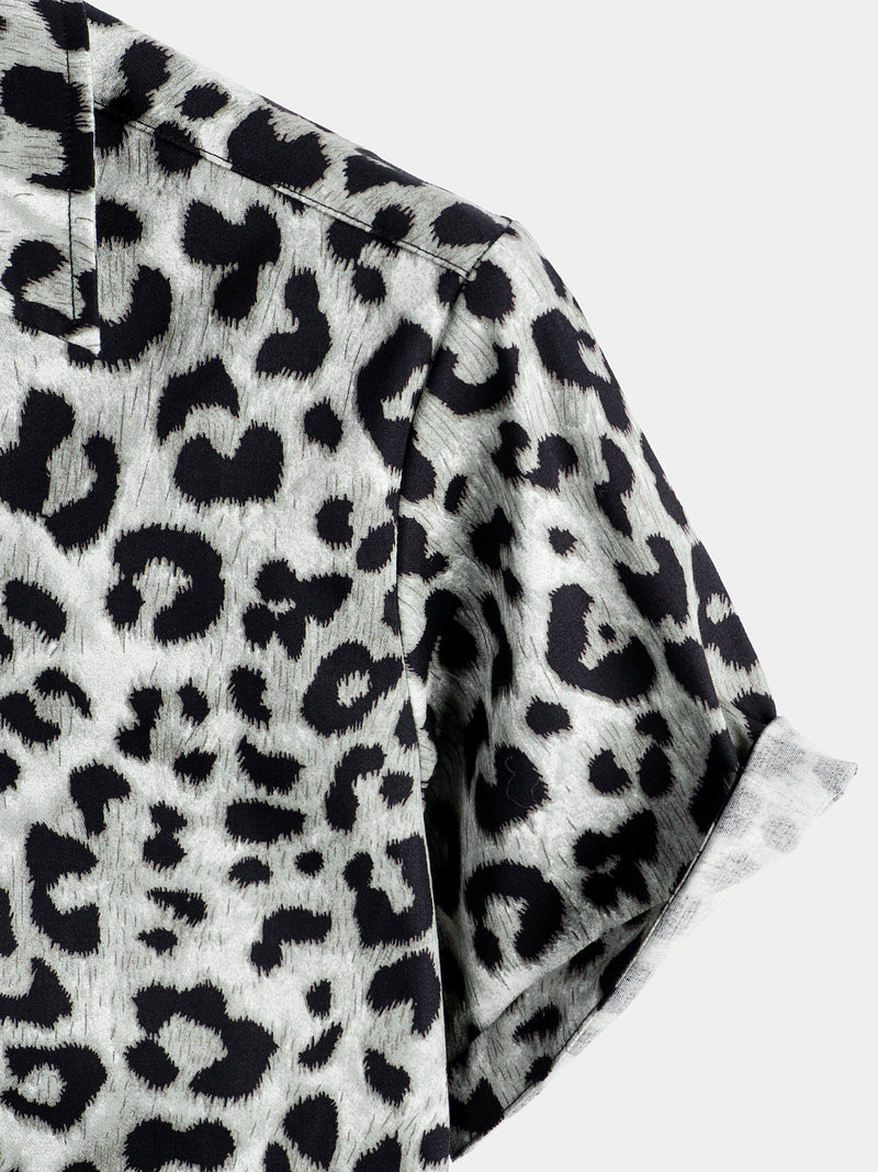 Camisa de manga corta casual de algodón para hombres con estampado de leopardo blanco y cheetah rock