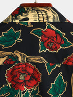 Camisa de hombre de manga corta con estampado de calaveras y rosas divertido