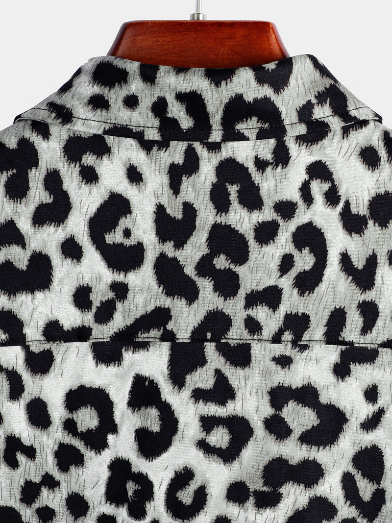 Camisa de manga corta casual de algodón para hombres con estampado de leopardo blanco y cheetah rock