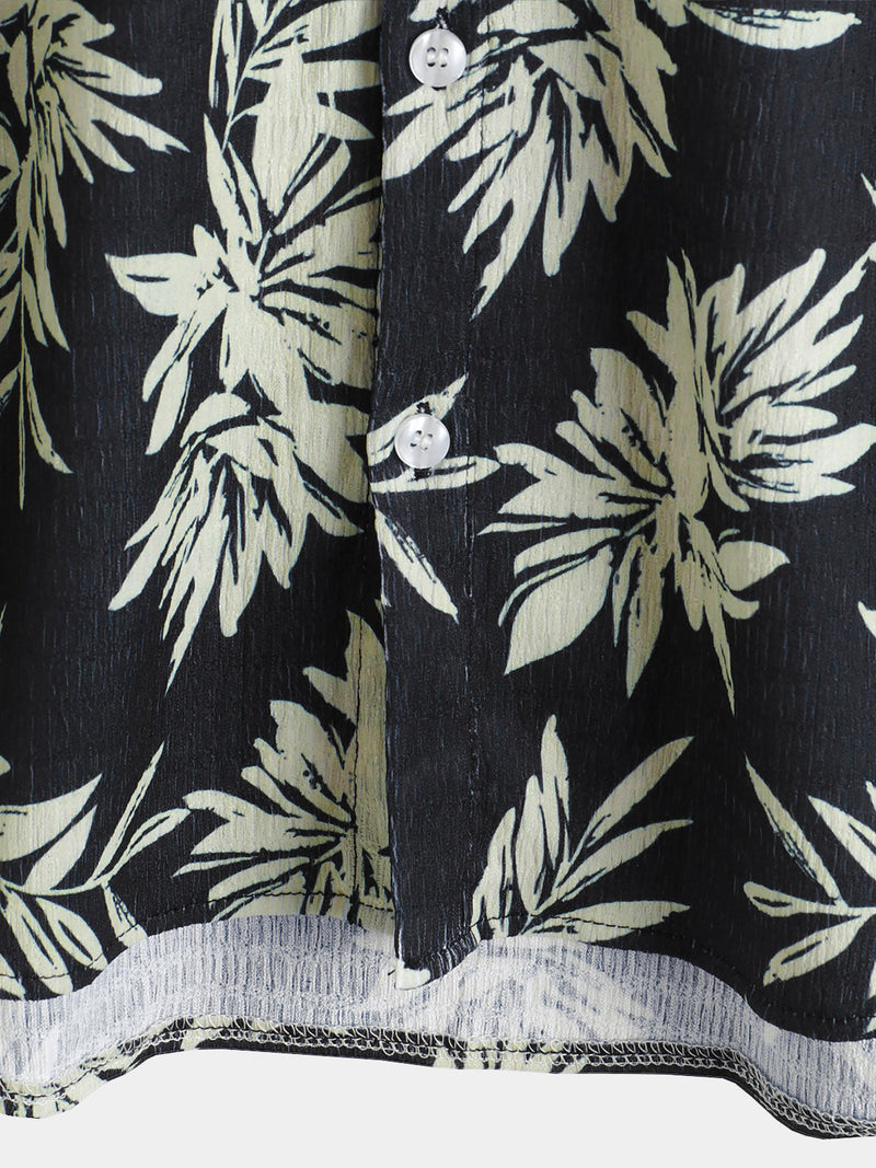 Camisa hawaiana de manga corta con estampado de hojas de verano para hombre
