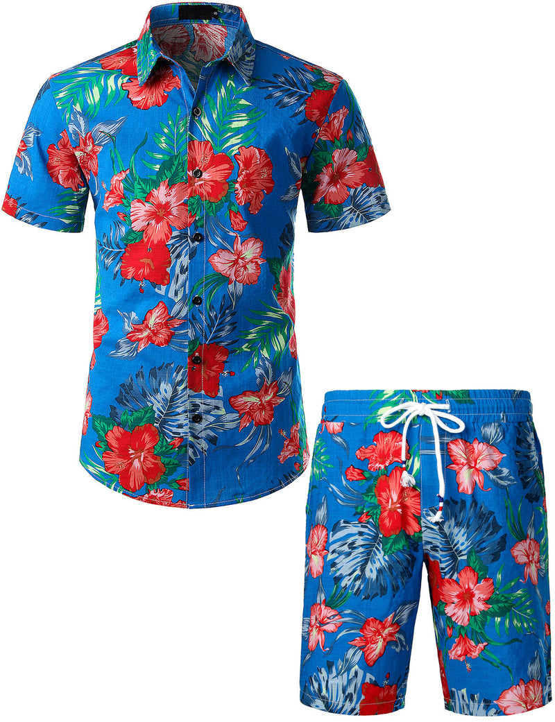 Conjunto de camisa y pantalones cortos a juego con estampado floral hawaiano tropical para hombres