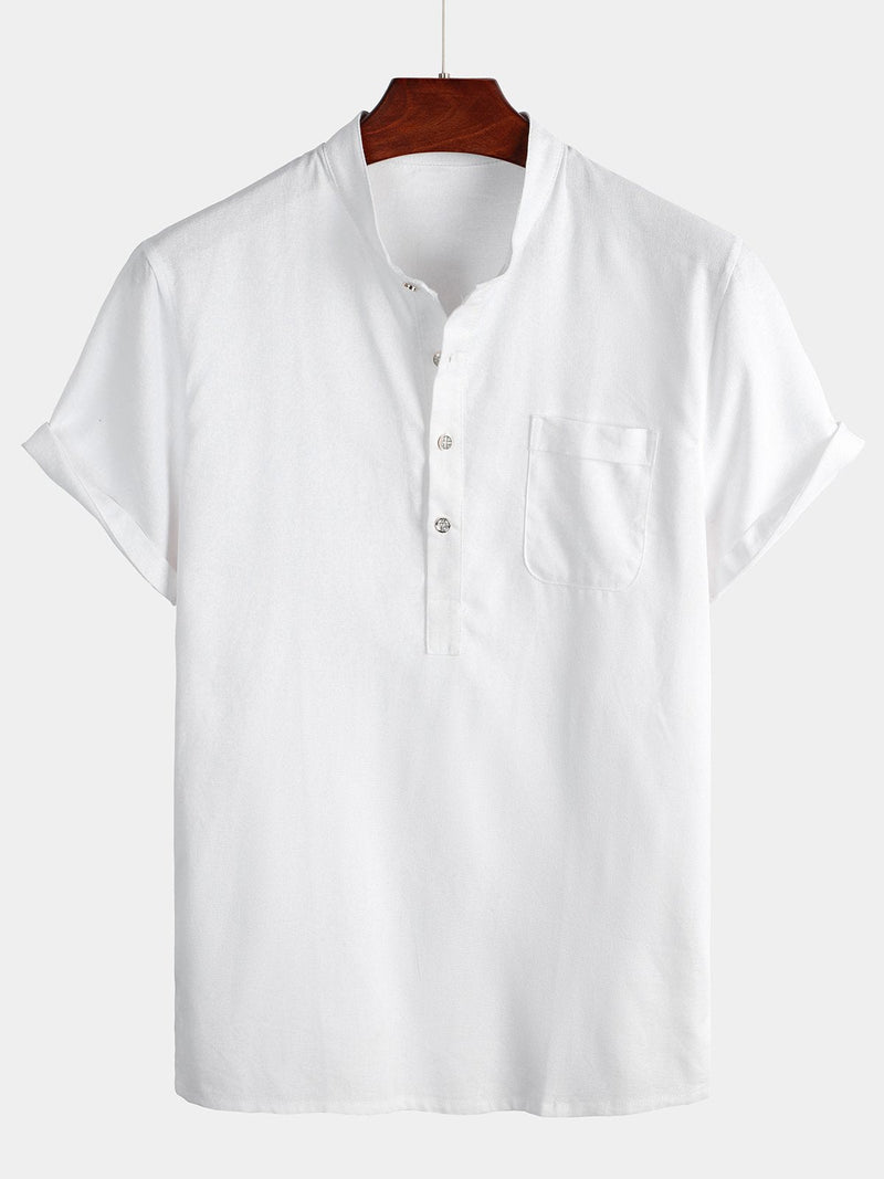 Camisa casual con cuello alto y medio botón con bolsillo frontal para hombres