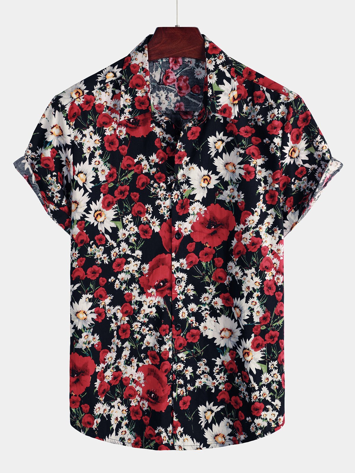 Camisa de verano para hombre de manga corta con estampado de rosas y margaritas