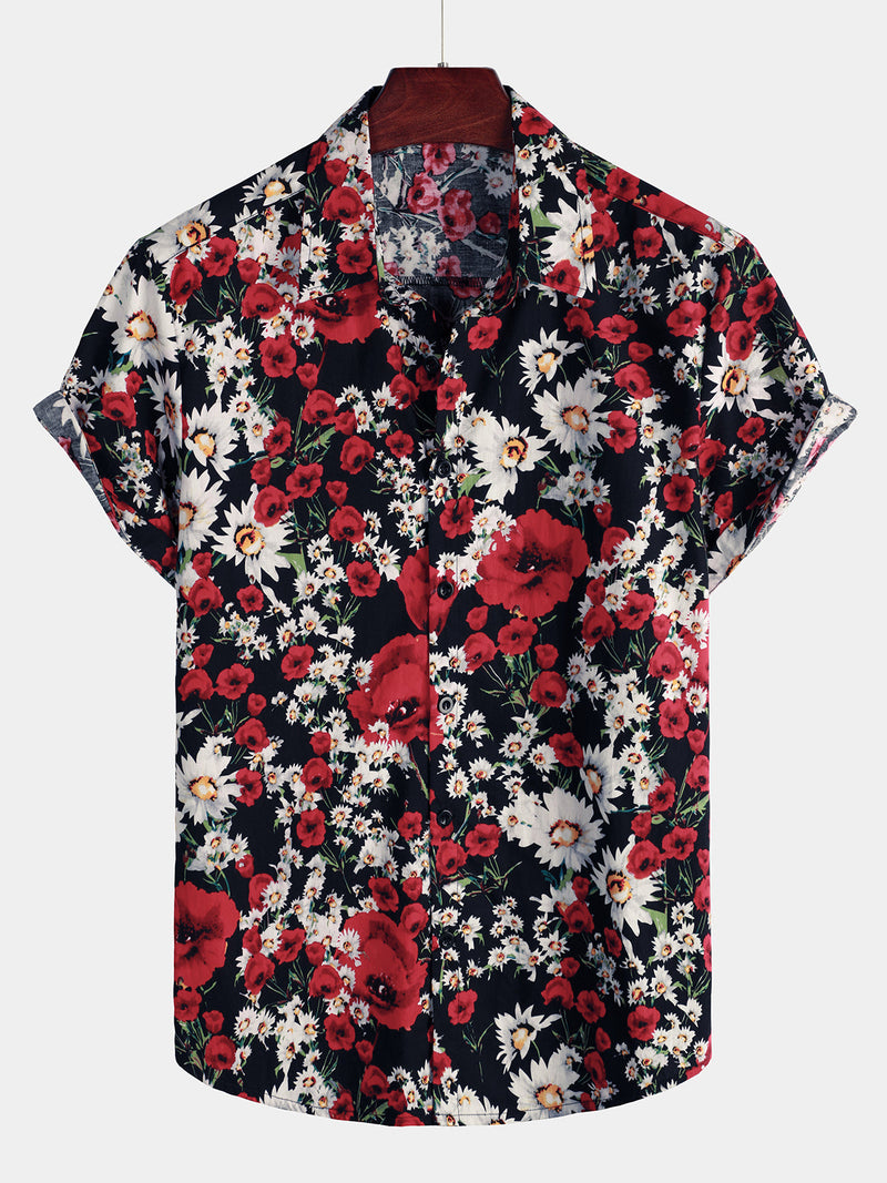 Camisa casual de manga corta con estampado de rosas y margaritas para hombres ideal para el verano