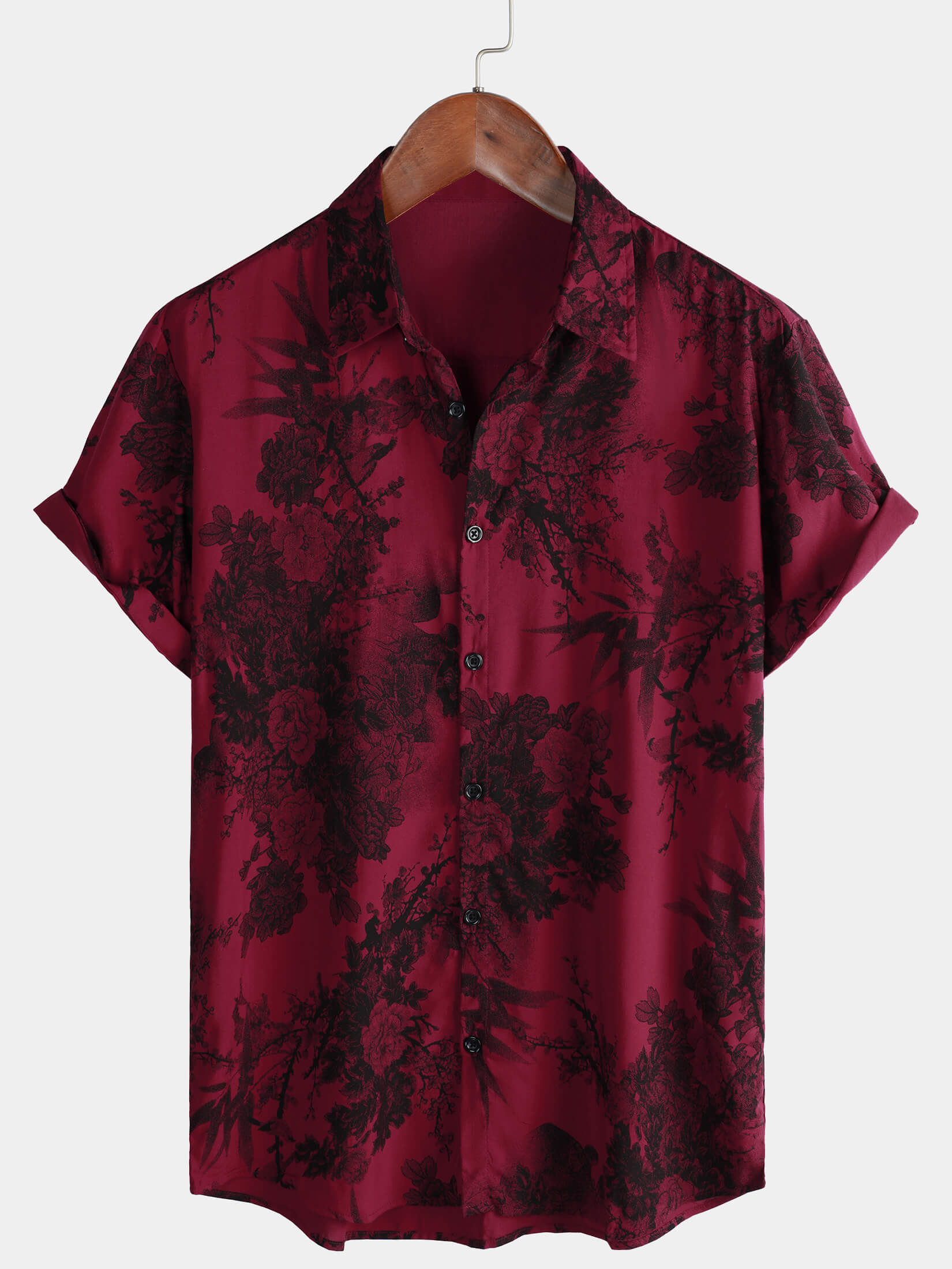 Camisa hawaiana de manga corta transpirable con botones y estampado floral vintage rojo para hombre