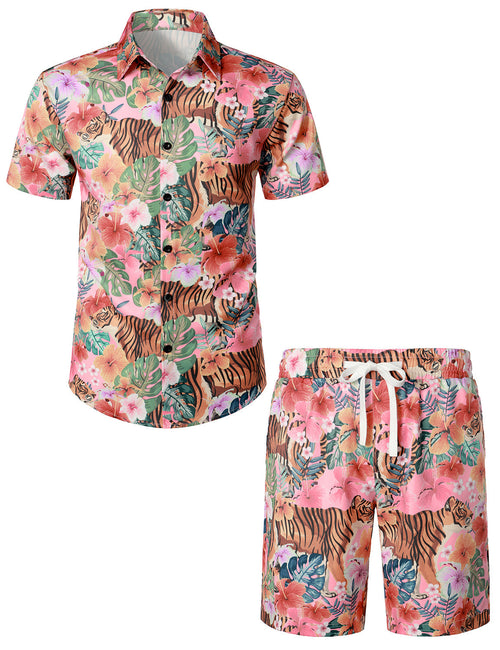 Conjunto de camisa hawaiana y pantalones cortos con estampado de flamencos para hombre