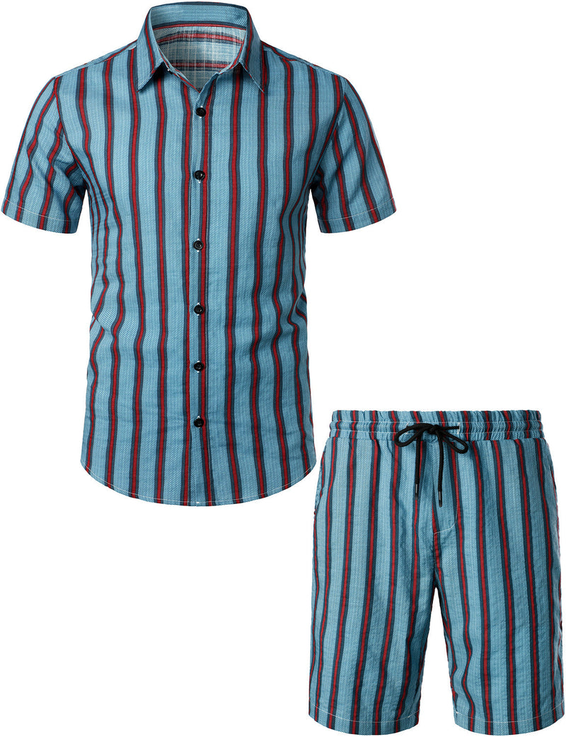 Conjunto de camisa y pantalones cortos a juego vintage verde bohemio casual de los años 70 para hombres