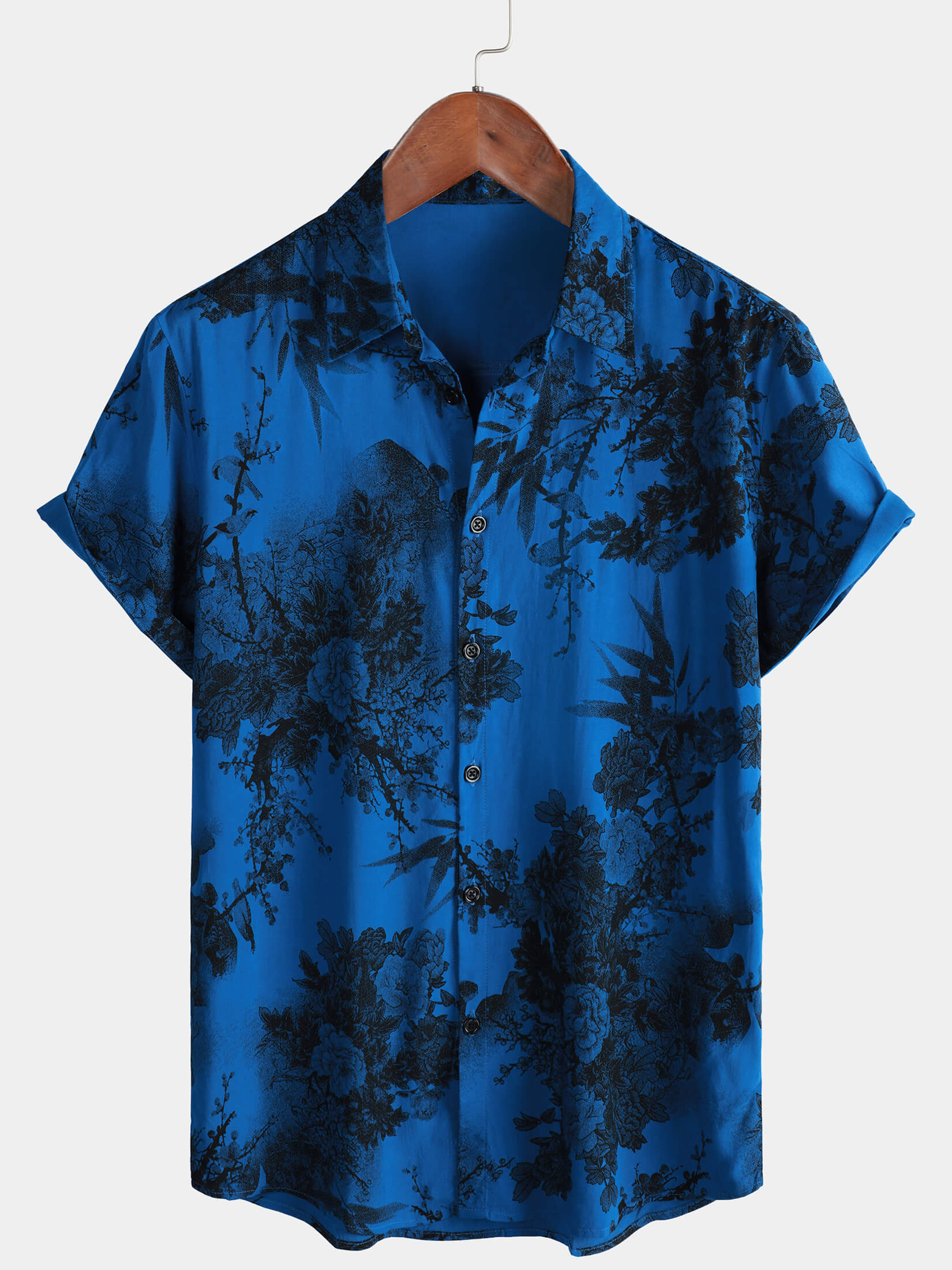 Camisa hawaiana de manga corta transpirable con botones y estampado floral vintage azul para hombre