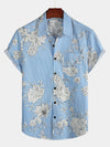 Camisa hawaiana de manga corta con estampado de rayas y flores con bolsillo para hombres