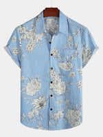 Camisa hawaiana de manga corta con estampado de rayas y flores con bolsillo para hombres