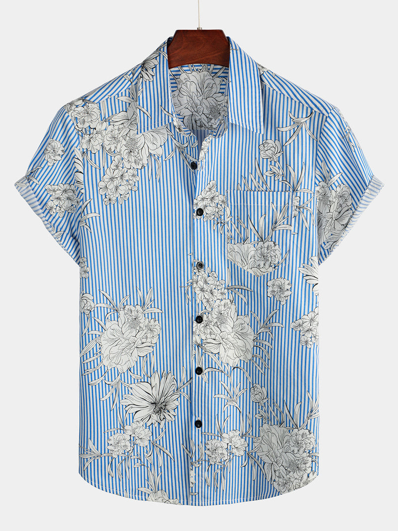 Camisa hawaiana de manga corta con estampado de rayas y flores con bolsillo para hombres