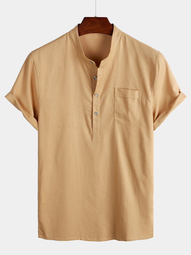 Camisa casual con cuello alto y medio botón con bolsillo frontal para hombres