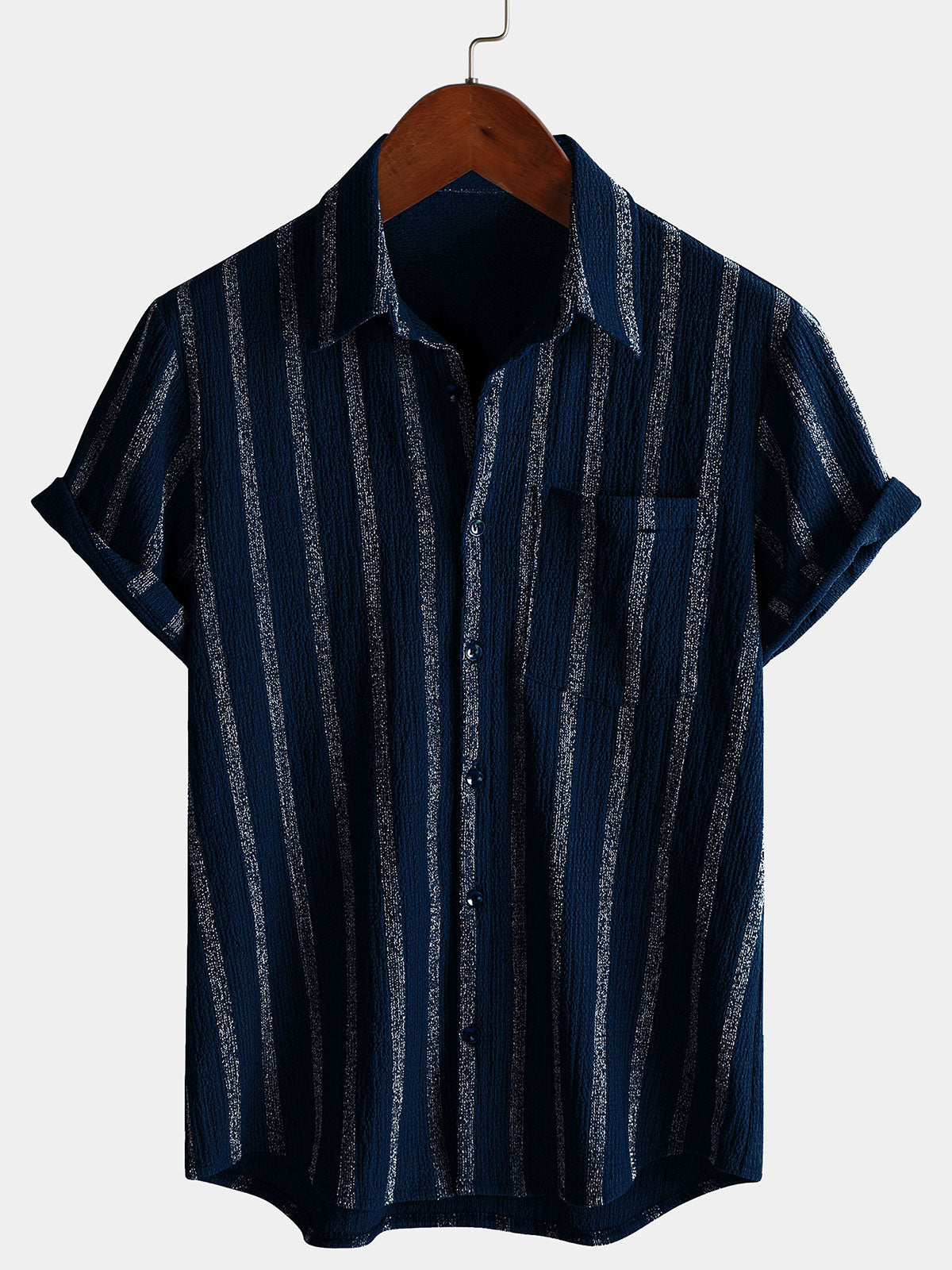 Camisa hawaiana de manga corta con botones y bolsillo a rayas de verano para hombre