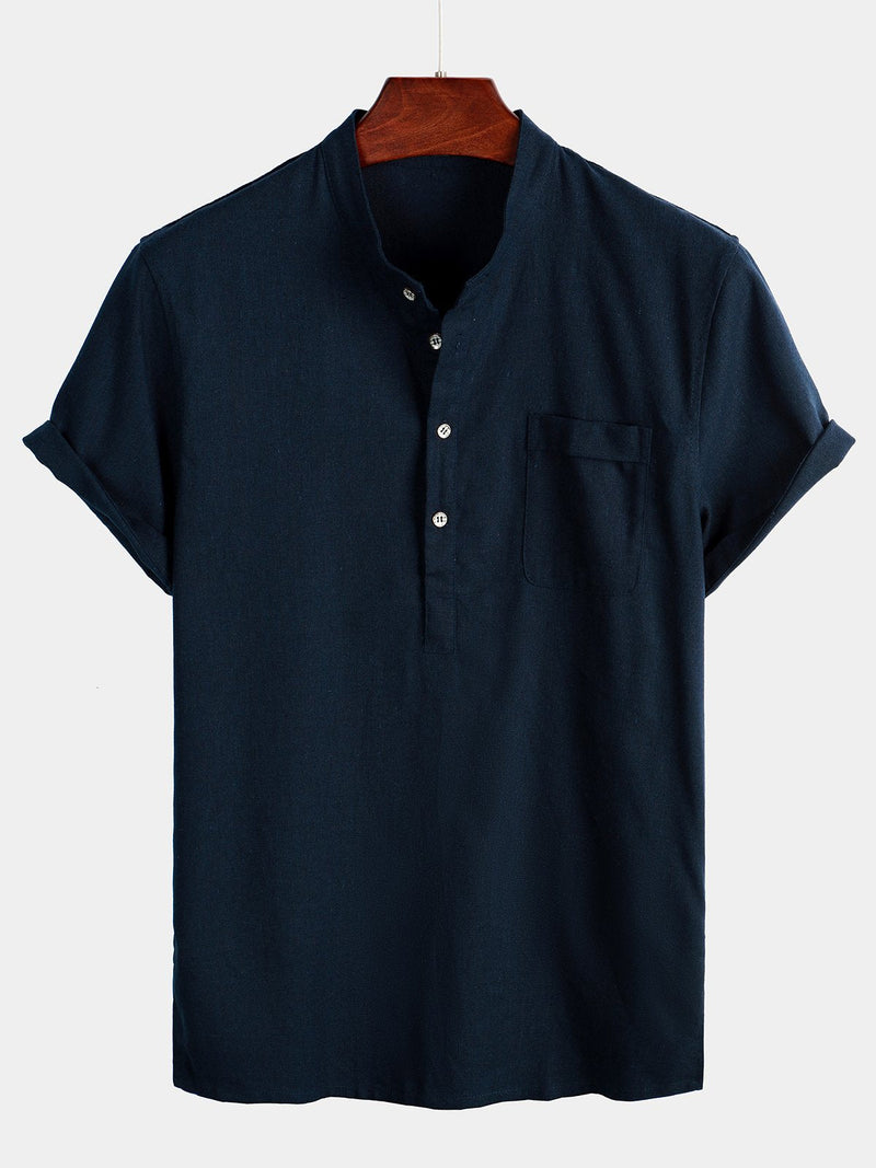 Camisa casual con cuello alto y medio botón con bolsillo frontal para hombres