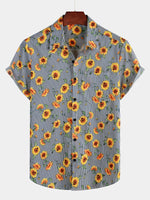 Camisa hawaiana de manga corta con estampado de girasoles y rayas para hombres