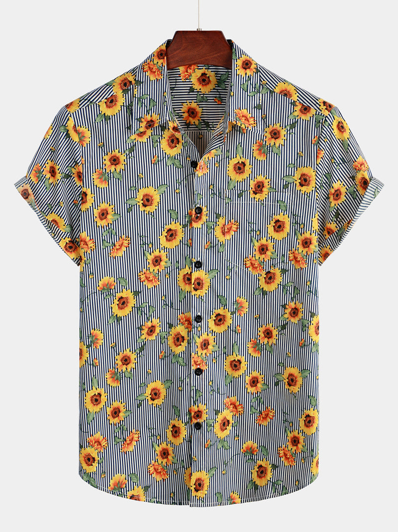 Camisa hawaiana de manga corta con estampado de girasoles y rayas para hombres