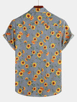 Camisa hawaiana de manga corta con estampado de girasoles y rayas para hombres