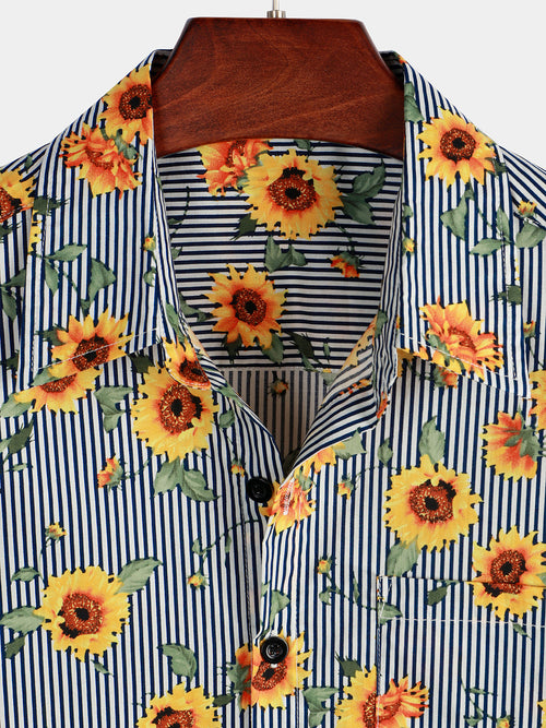 Camisa hawaiana de manga corta con estampado de girasoles y rayas para hombres