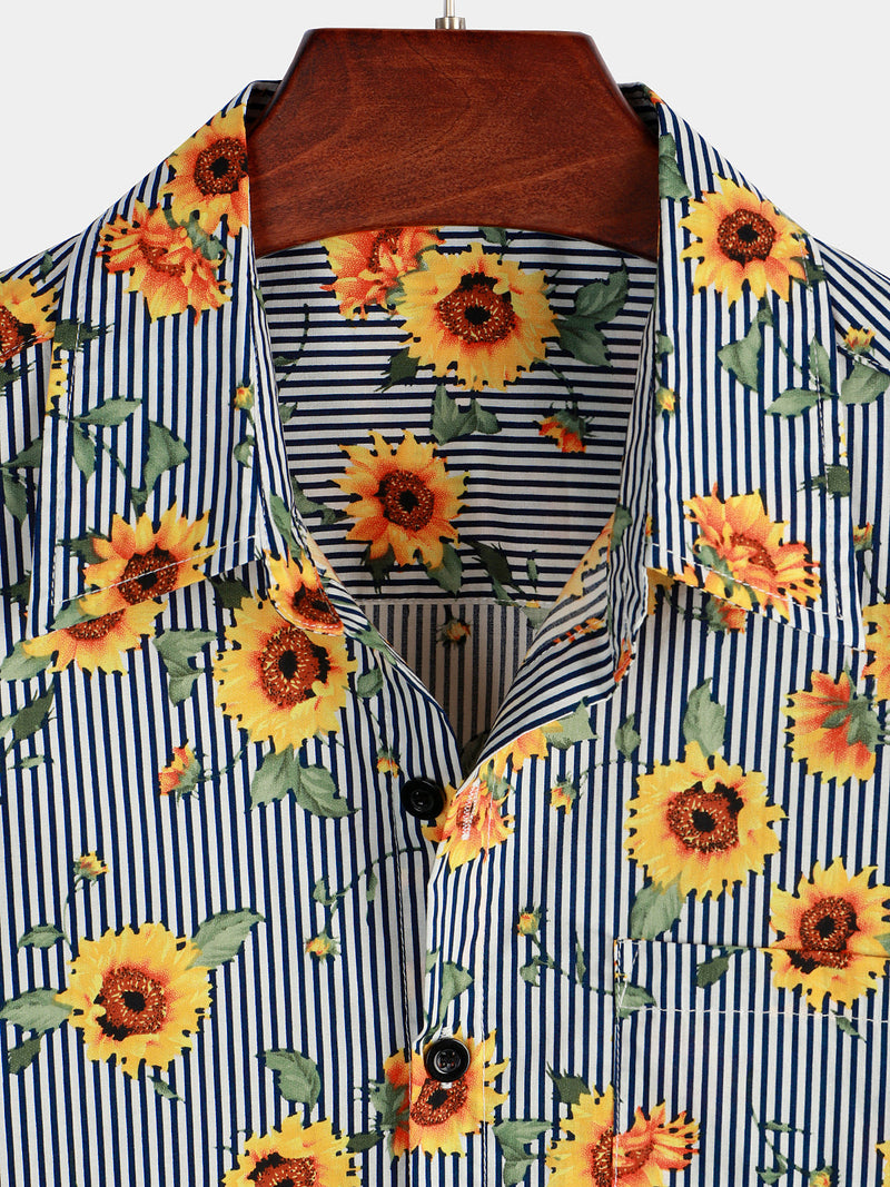 Camisa hawaiana de manga corta con estampado de girasoles y rayas para hombres