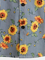 Camisa hawaiana de manga corta con estampado de girasoles y rayas para hombres