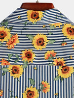 Camisa hawaiana de manga corta con estampado de girasoles y rayas para hombres