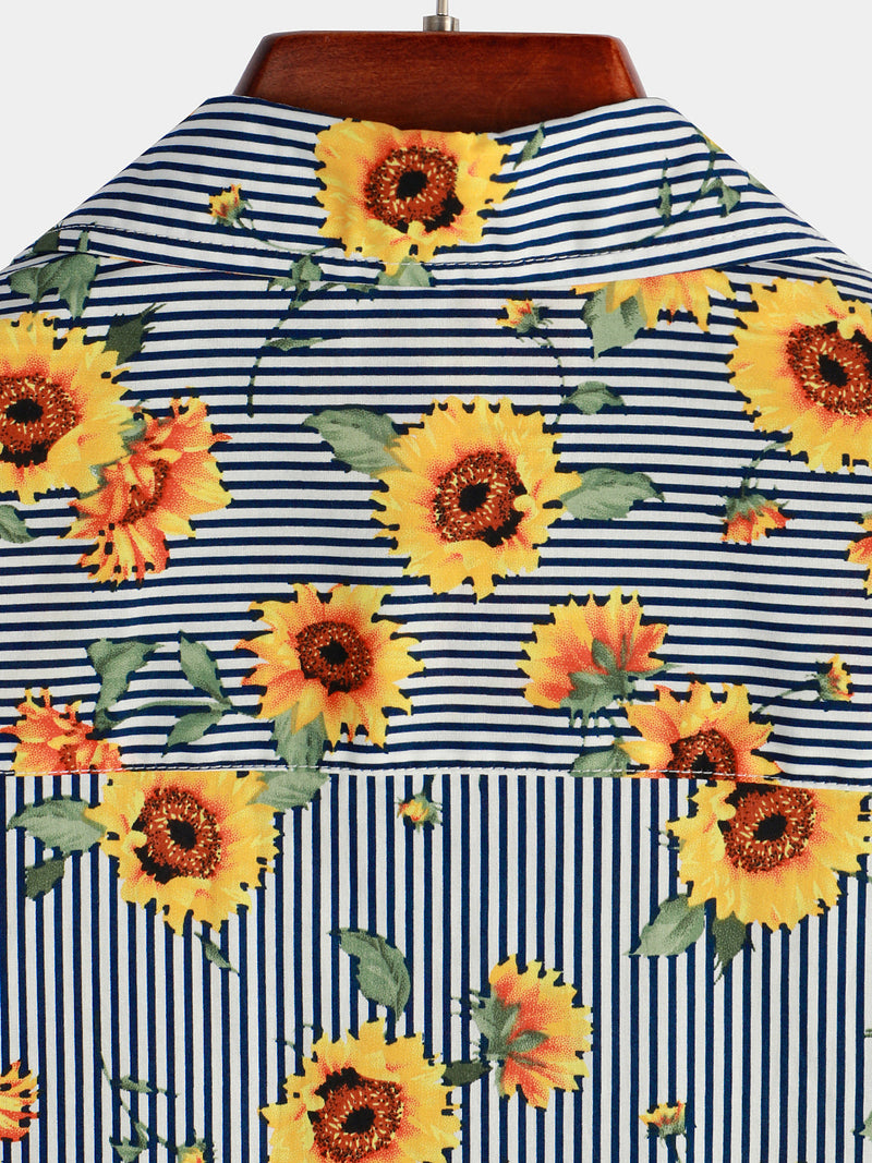 Camisa hawaiana de manga corta con estampado de girasoles y rayas para hombres